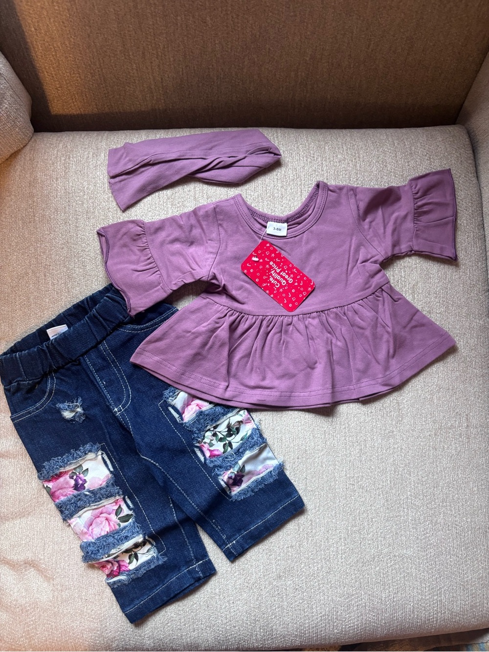 Kids Plum Peplum Top & Floral Patch Jeans Set with Headband
